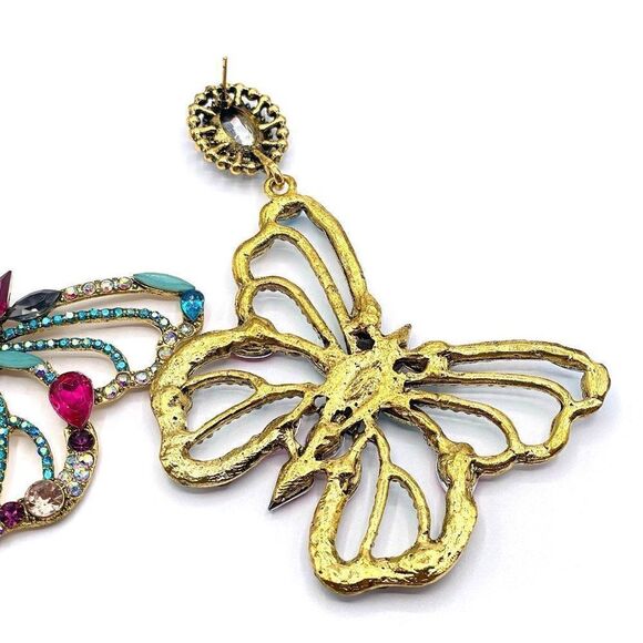 Large Yellow Gold with Colorful Crystal Dangling Post Back Butterfly Earrings - Picture 8 of 9
